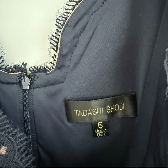 Tadashi Shoji Lace & Tulle Sheath Dress 6 Navy Nude Cocktail Party Wedding Guest - Picture 5 of 15